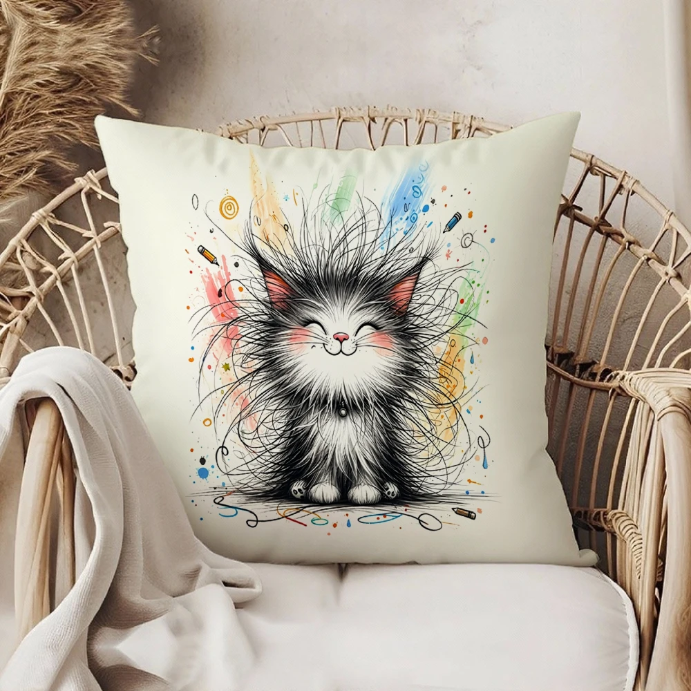 Square Throw Pillow Case Cream White Cute Kitten With Colorful Paint Splatter And Scribbles Art Print For Sofa Bedroom Living Ro