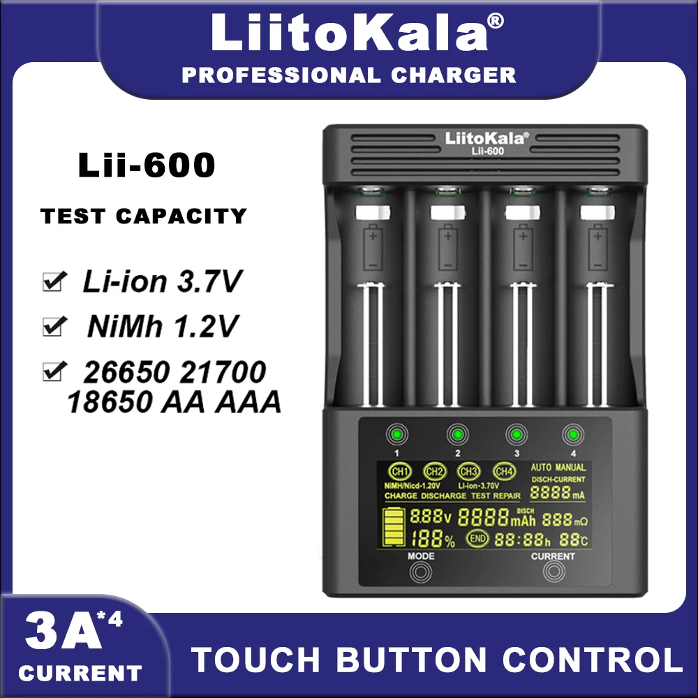 LiitoKala Lii-600 Lii-ND4 Battery Charger For Li-ion 3.7V and NiMH 1.2V Battery Suitable for 18650 26650 21700 26700 18350