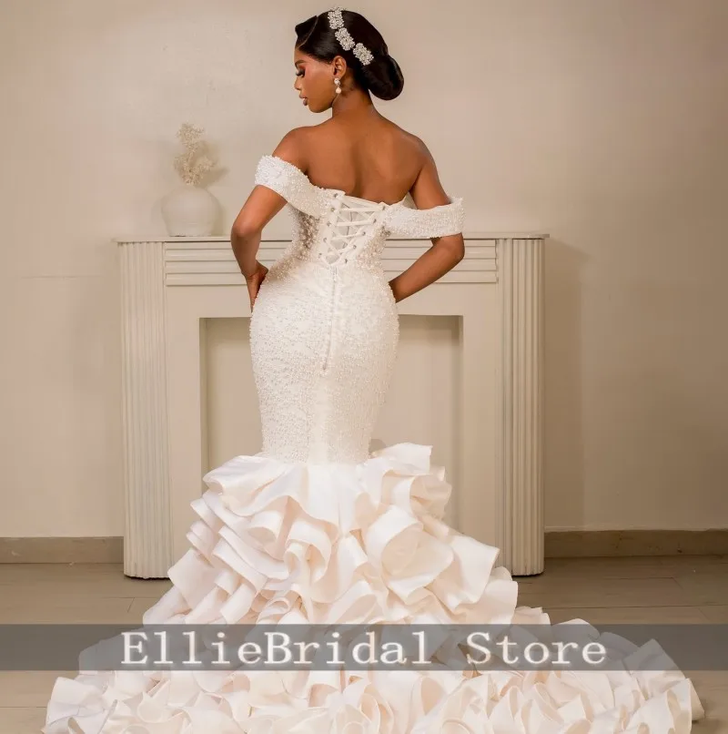 فساتين زفاف رائعة على شكل قلب مكشكشة لؤلؤ حورية البحر للفتيات قبالة الكتف فساتين فيستدو دي نوفيا 2026 مخصصة #3