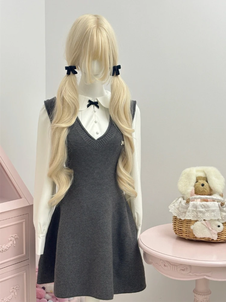 

Зимний вязаный элегантный комплект из 2 предметов в консервативном стиле, женское повседневное мини-платье с v-образным вырезом + шикарная блузка с бантом, женская одежда в корейском стиле