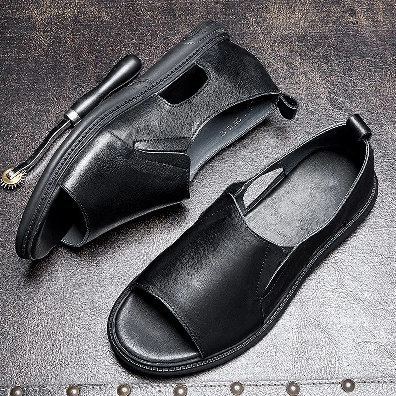 Summer Men Sandals Genuine Leather Outdoor Beach Sandals Breathable Shoes Men Handmade Open Toe Roman Sandals Slippers