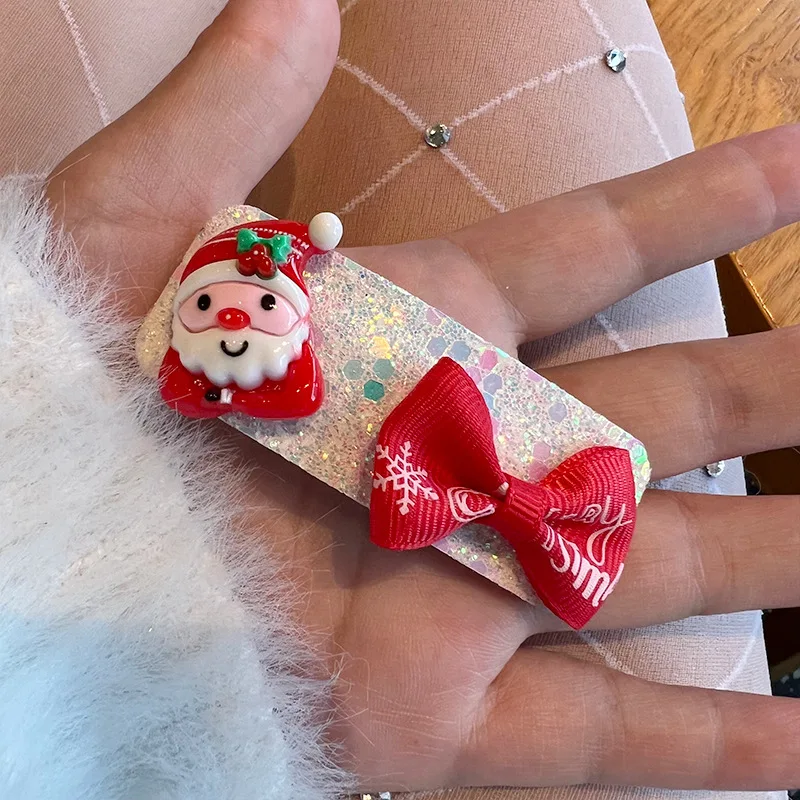 Horquilla con lazo de lentejuelas Rojas, lindo muñeco de nieve de Papá Noel, horquilla festiva de Año Nuevo, Clip de flequillo, accesorios para el cabello de Navidad, moda 2024