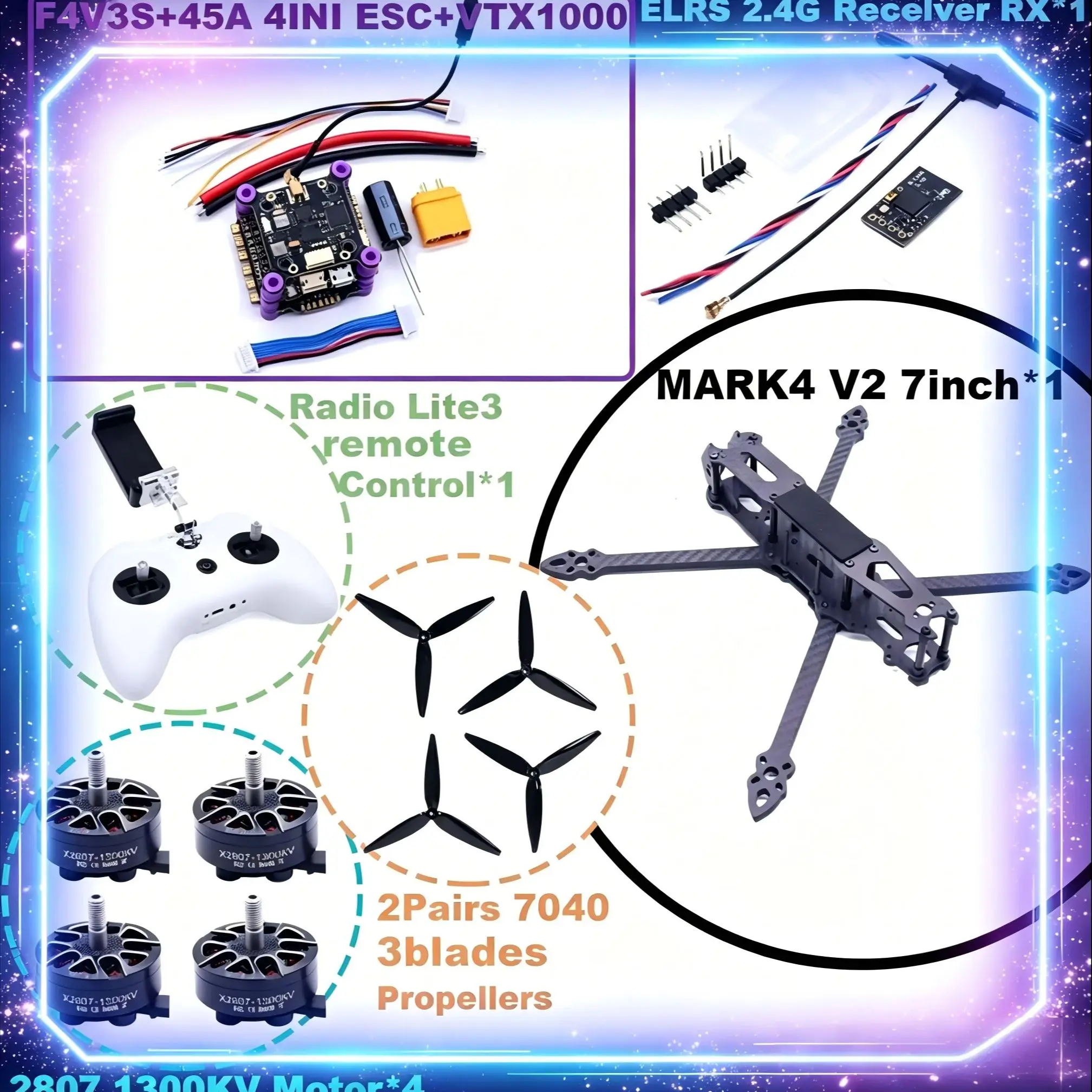 

MARK4 7-inch HD F4V3S/F4V3S PLUS Flight Control 45/60A 4INI ESC rack drone FPV carbon fiber PV Racing Drone Quadcopter Freestyle