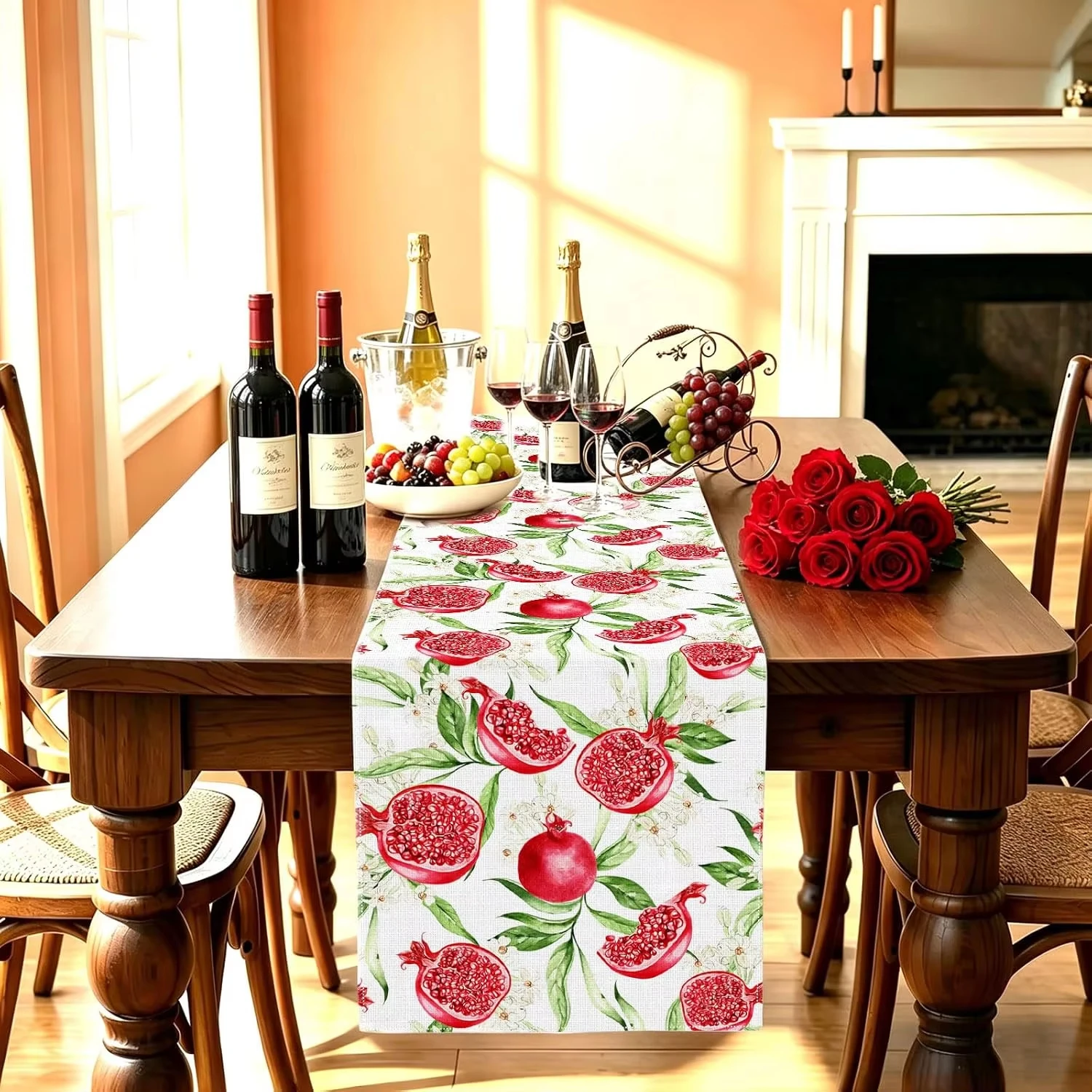 1pc Vivid Pomegranate Flower Botanical Pattern Table Runner For Rosh Hashanah Festival Desktop Stylish Household Home Decor