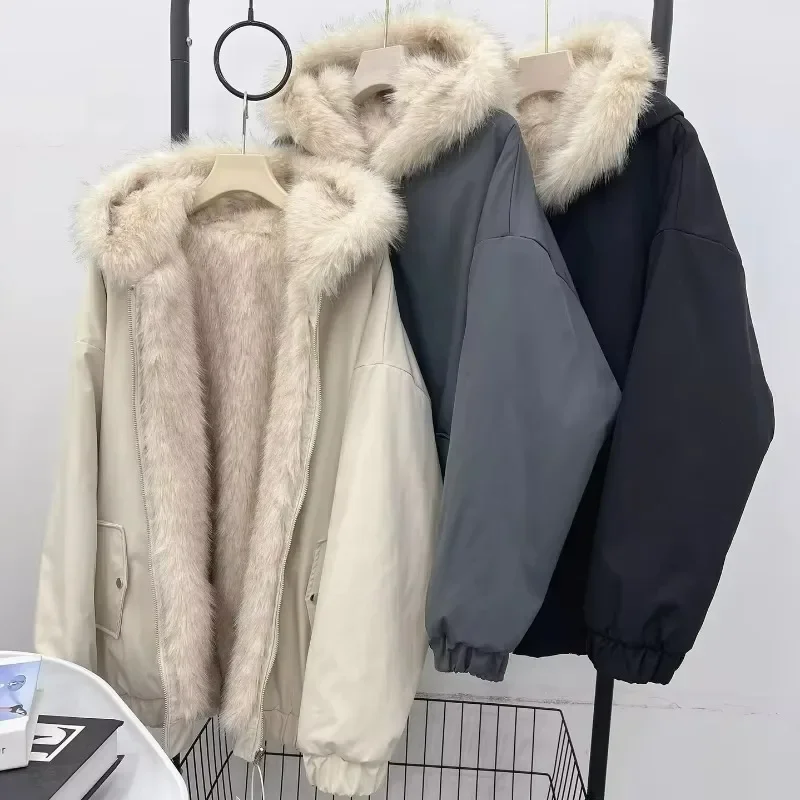 2026 Winter New Fashionable Hooded Thick Warm Coat Be Worn on Both Sides American Style Fur Short Cotton-padded Jacket for Women