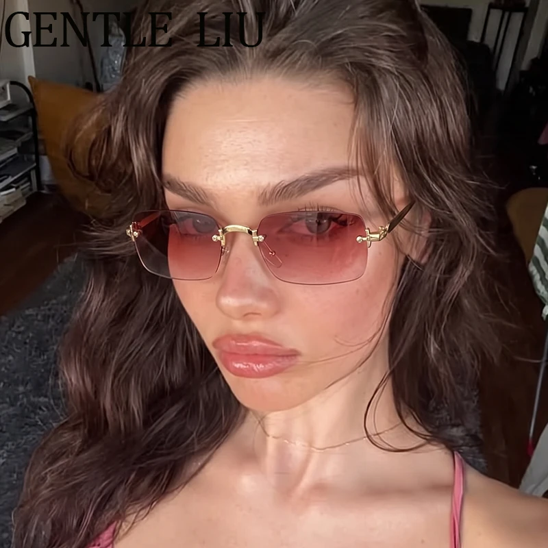 Vintage Rectangle Rimless Sunglasses Women 2026 Luxury Designer Y2K Punk Frameless Metal Sun Glasses Ladies Travelling Driving