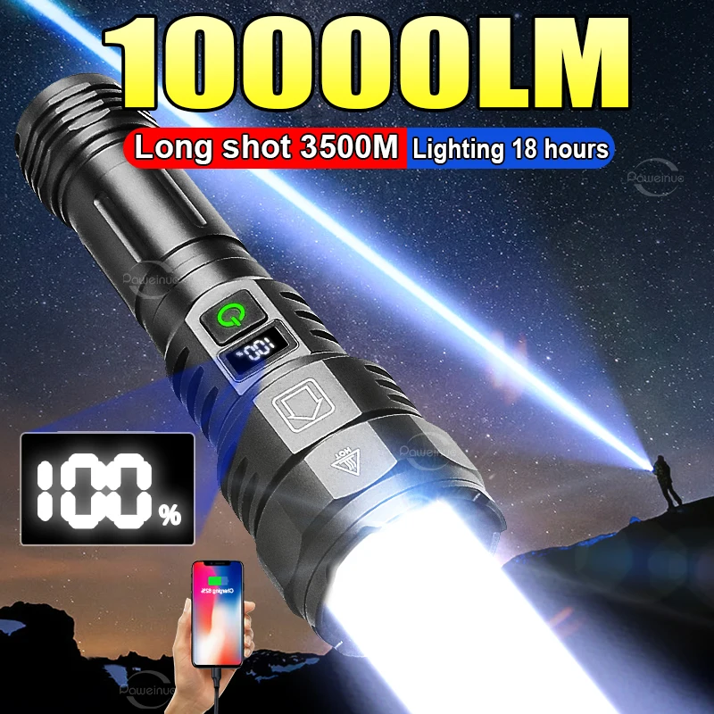 Upgrade 3500M Ultra Powerful Flashlight Rechargeable LED Laser Flashlight High Power Digitals Display Torch Super Bright Lantern