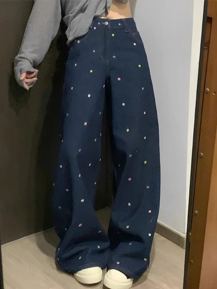 Stickerei Jeans Frauen Dunkelblau Denim Hohe Taille Lose Fit Koreanischen Stil Alle-spiel Design Breite Bein Taschen Täglichen casual De Mujer