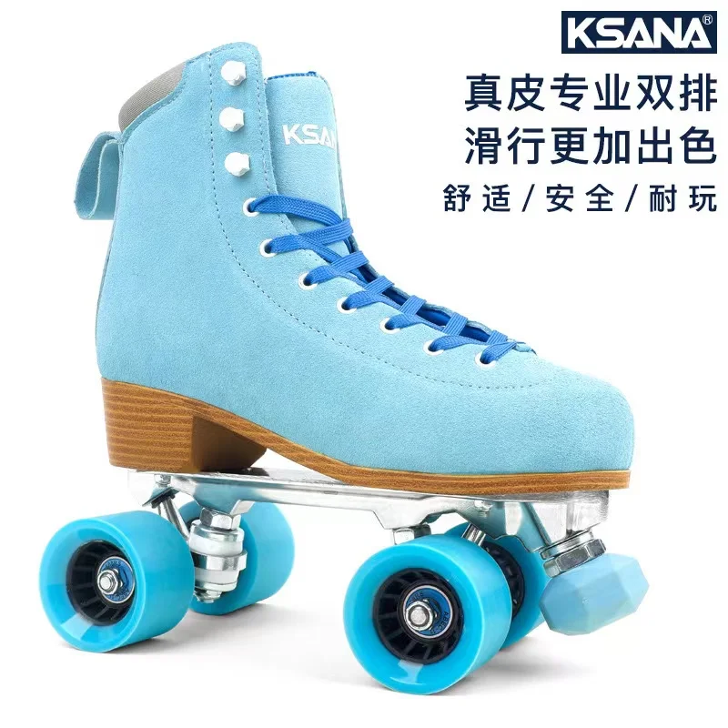 

High Quality Furred Leather Blue Roller Skates Shoes Patins Adult Men Women Quad 4 Wheels Skating Sliding Training Sneakers