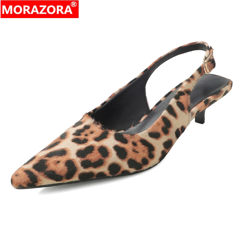

MORAZORA New Fashion Horsehair Leather Women Sandals Mid Heels Leopard Fashion Ladies Party Dress Shoes Slingbacks Summer Shoes