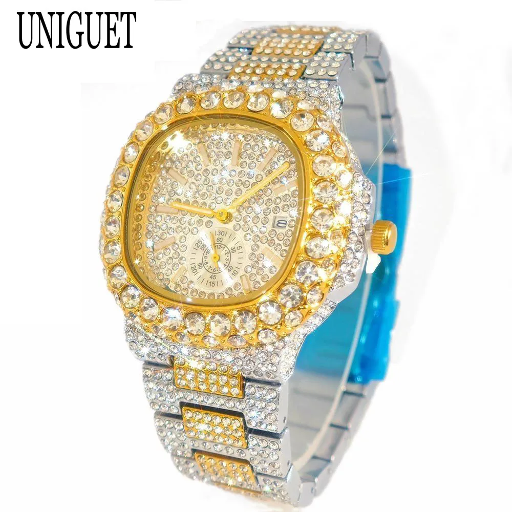 2024 Fashion Big Diamond Watches Men Brand UNIGUET Luxury Steel Hip Hop Man Bling Bling Jewelry Quartz Wristwatch Gift Hot Sell