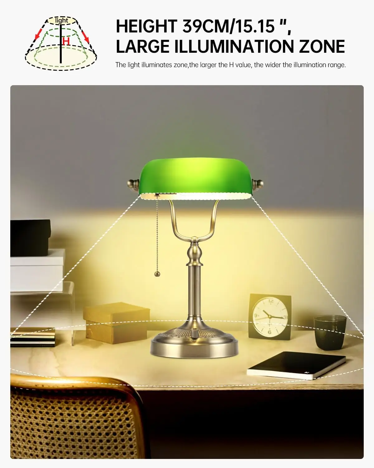 Green Glass Bankers Desk Lamp, Stepless Dimmable Table Lamp Plug in Fixture for Study, Office, LED Bulb Included