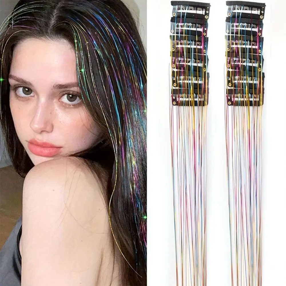Fashion Tinsel Hair Extensions Clip In Synthetic Hairpiece Shiny Glitter Highlights For Girls Birthday Daily Fashion