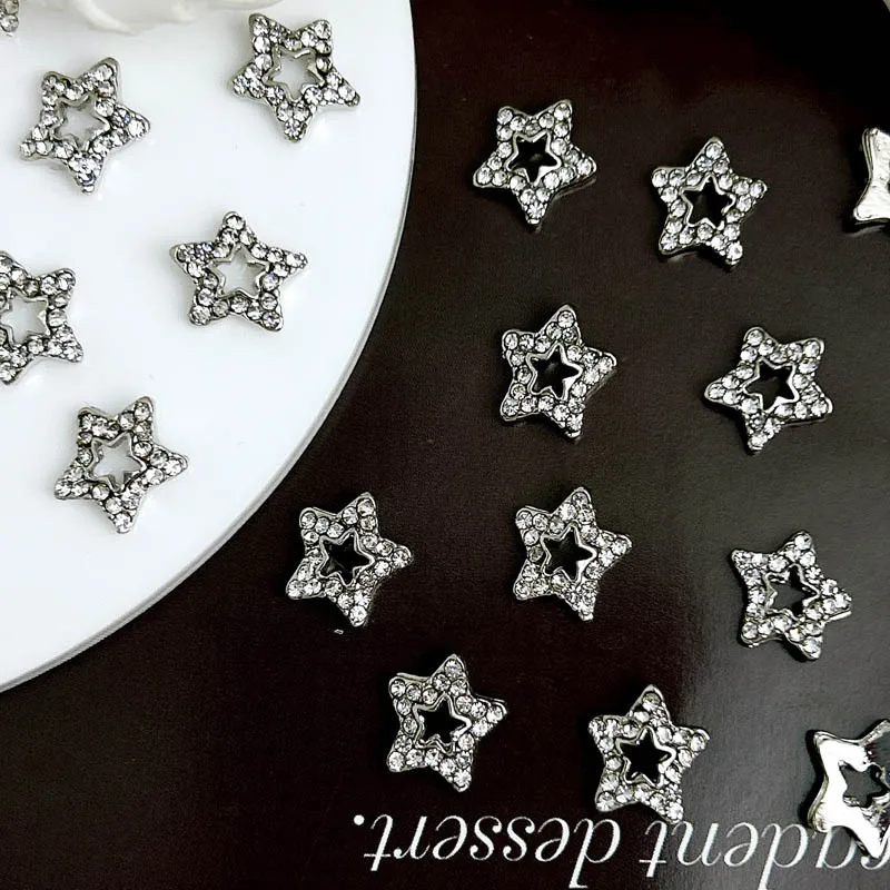 10 Stuks Legering Kristal Full Diamond Pentagram Nail Charms Flash Silver Stars Nail Art Decoratie Diy Nail Accessoires