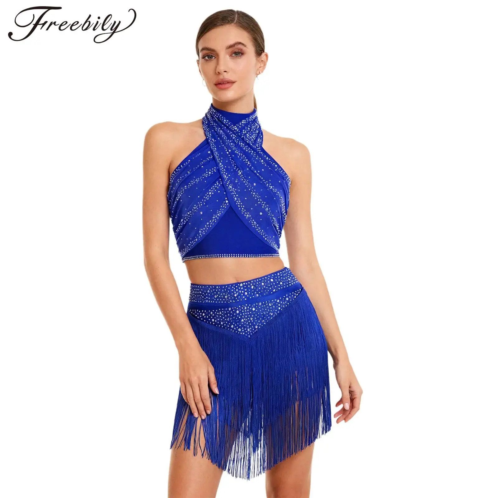 

Женский костюм для латинских джазовых танцев, бальных танцев, ча-ча, сальсы, танго, самбы, румбы, блестящий укороченный топ с кисточками, купальник, юбка, танцевальная одежда