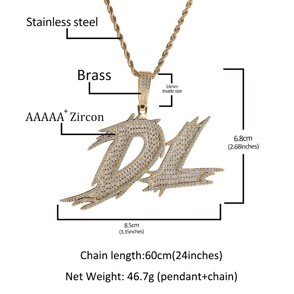 Customized Men's Cursive Baguettecz Name Necklaces Iced Cubic Zirconia Script Font Letter Pendants Hip Hop Jewelry for Gift