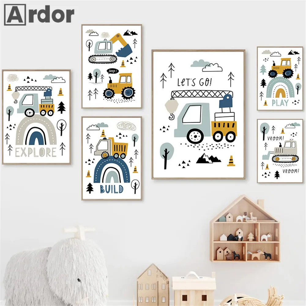 Cartoon Crane Excavator Tractor Truck Wall Art Canvas Painting Nursery Print Child Poster Nordic Wall Pictures Boys Room Decor