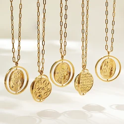 Rotating Message Letter Signet Round Pendant Necklaces Two-sided Retro Sun Moon Necklace for Women Stainless Steel Jewelry Gift