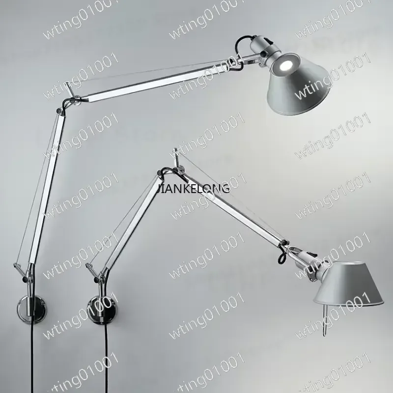for Italian Style Long Arm Wall Sconce Silver Black Metal E27 Bulb Rotatable Adjustable Reading Light for Bedroom Study Decor