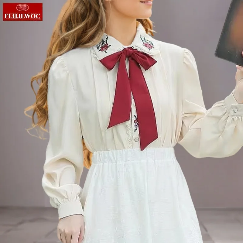 

Retro Vintage Chic Y2K Tops Cute Sweet Korea Japan Style FLHJLWOC Design 2025 Autumn Long Sleeve Women Basics Bow Tie Shirt