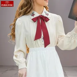 Retro Vintage Chic Y2K Tops Cute Sweet Korea Japan Style FLHJLWOC Design 2025 Autumn Long Sleeve Women Basics Bow Tie Shirt