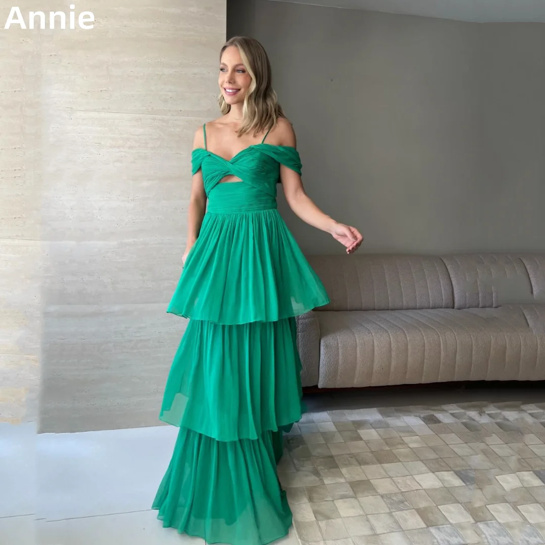 

Annie Green Spaghetti Straps Prom Dresses A-line Layered Elegant Women Evening Dresses Wedding Party Dress Vestidos De Noche