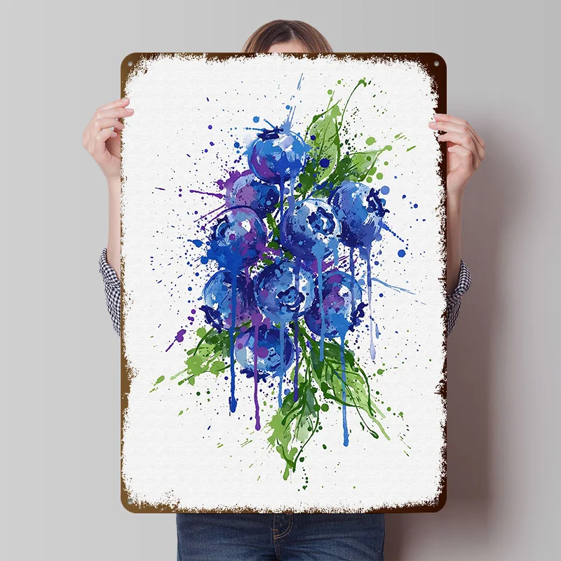 Blueberry Watercolor Printed Poster Customized Retro Wall Art Vintage Metal Tin Signs for Home Gaming Room Decoration Cozy House
