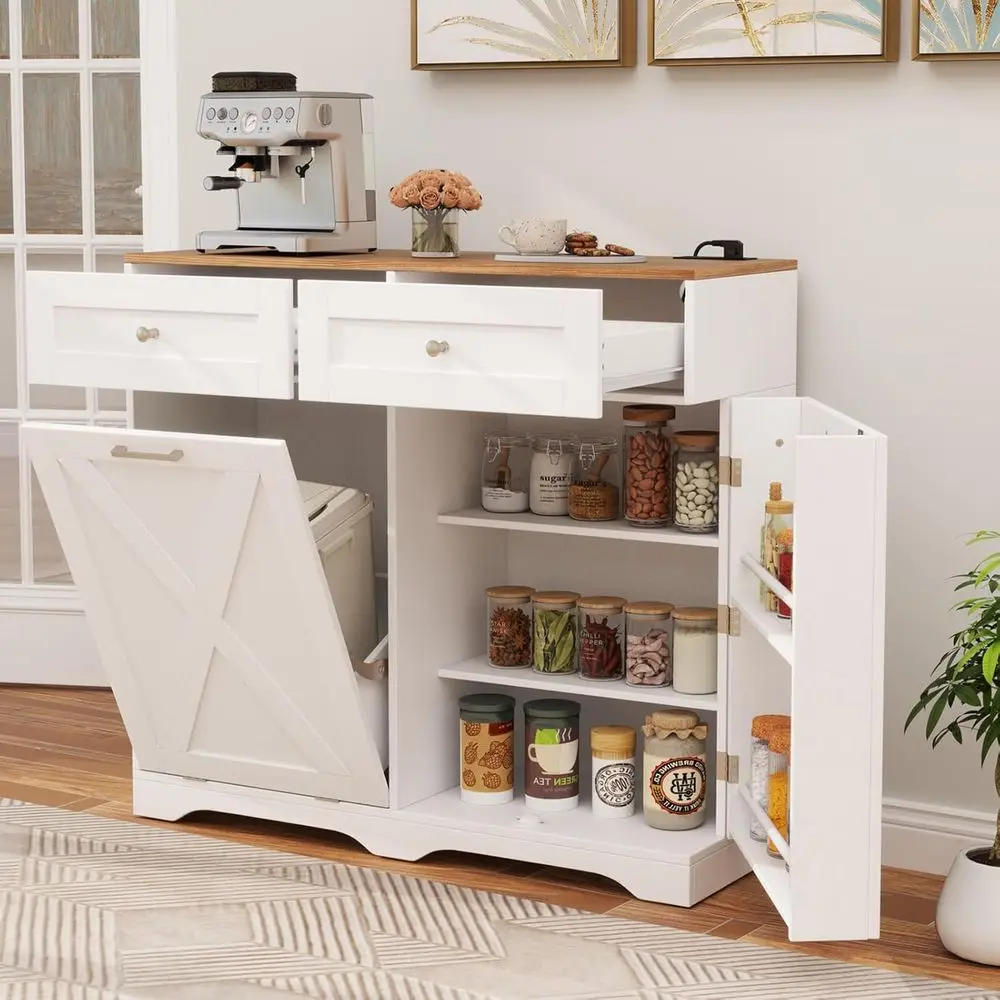 Wooden Kitchen Island with Hidden Trash, 2 Drawers, Power Outlet, Adjustable Shelves, Dog Proof Bin (White)