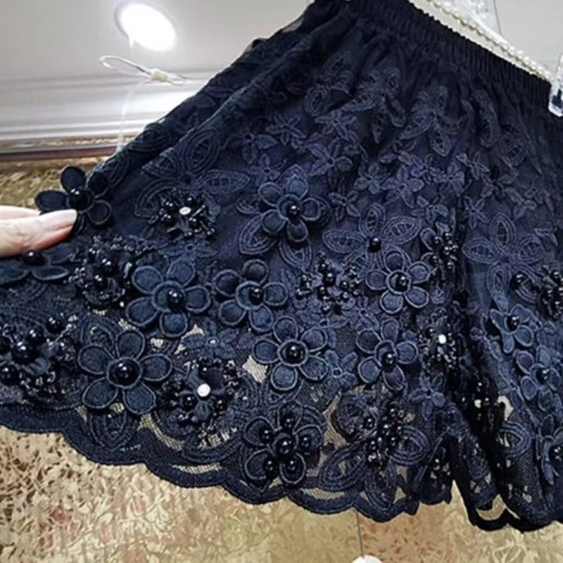 Pearls Beaded Flowers Lace Embroidery Pantalones Cortos Black Wide Leg Shorts Women\'s Short Pants Elastic Waist Short Trousers