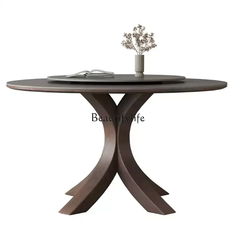 

Medieval wabi-sabi wind round solid wood dining table rock slab American Nordic new retro French