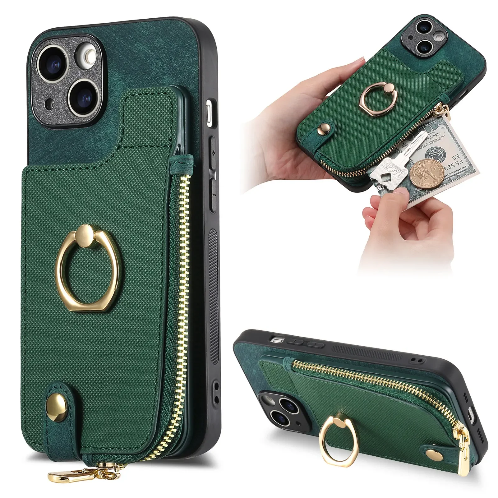 

Vertical Cards Slot Ring Holder Zipper Wallet Case For iPhone 15 Pro Max 14 Plus 13 12 11 XS X XR 7 8 SE 2022 Bag Pocket Cover