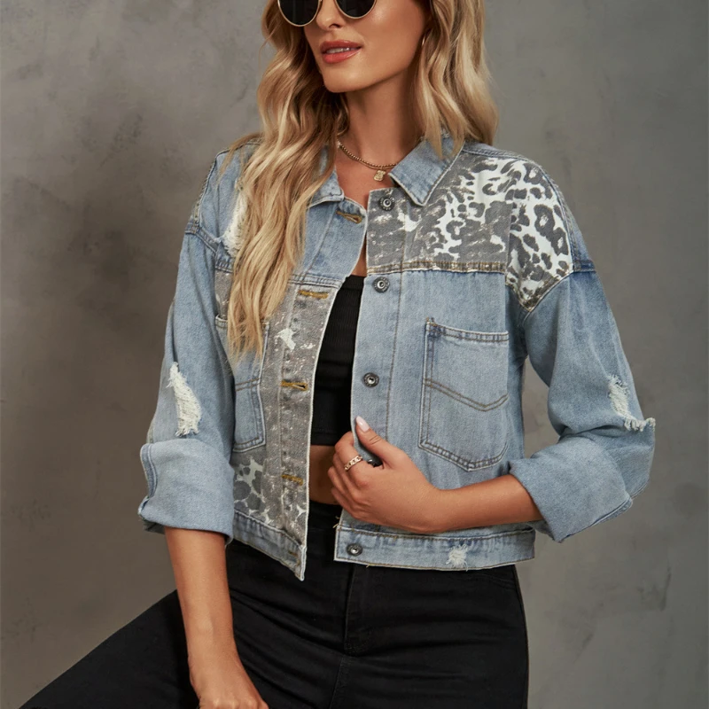 

Fashion Leopard Denim Jacket Women Slim Short Cowboy Outerwear Streetwear Big Pocket Cropped Jeans Coat