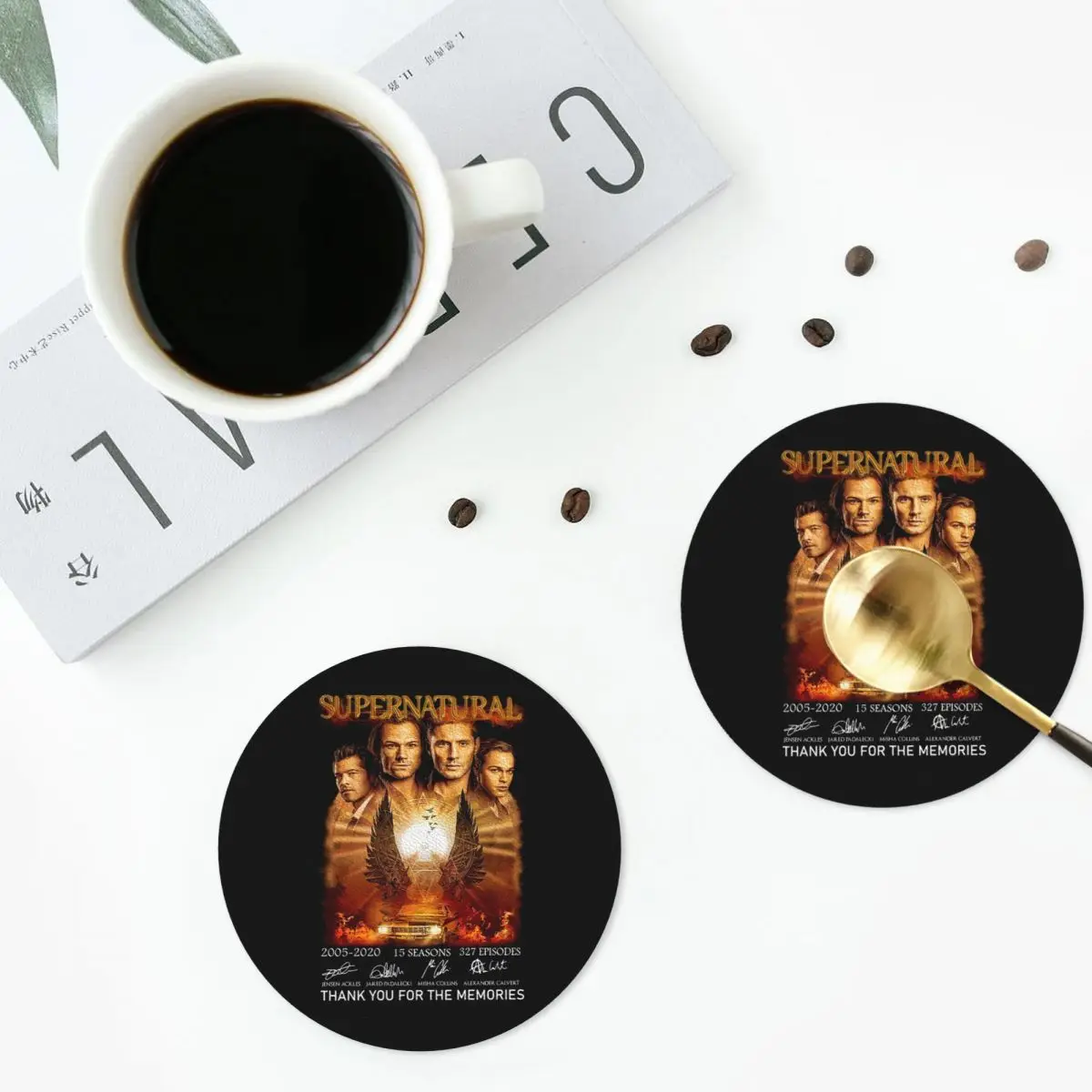 Supernatural Thank You For The Memories Coasters PVC Leather Placemats Waterproof Coffee Mats for Kitchen Dining Pads Set of 6