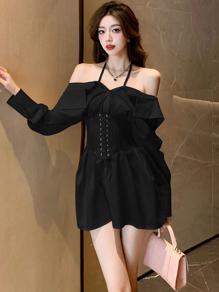 Autumn White Long Sleeve Chic Off Shoulder Sexy Shirt Dress Women Elegant Bandage Short Dress 2025 Korean Bodycon Casual Dresses