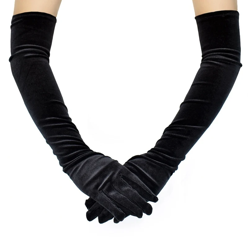 1 par de moda negro clásico adulto terciopelo ópera/codo estiramiento dedo guantes largos brazo cálido mujer vestido de noche etiqueta guantes