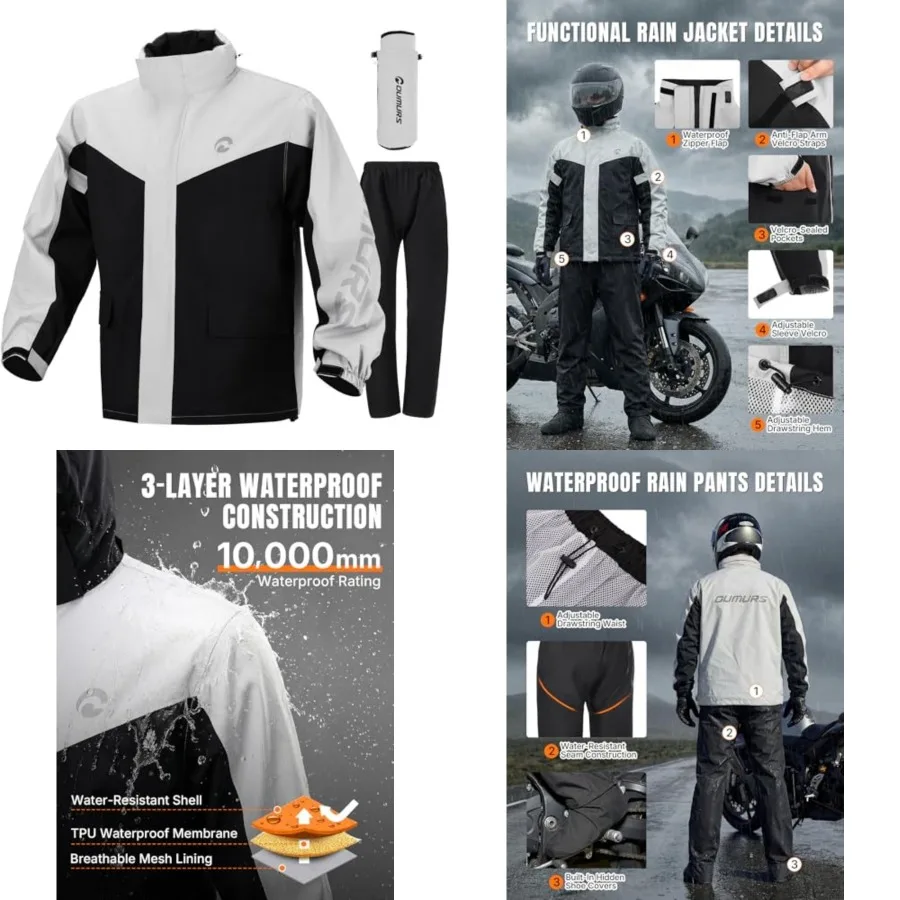 Oumurs Men's Motorcycle Rain Suit Waterproof Jacket and Pants with Reflective Strips, Breathable Mesh Lining Riding Raincoat