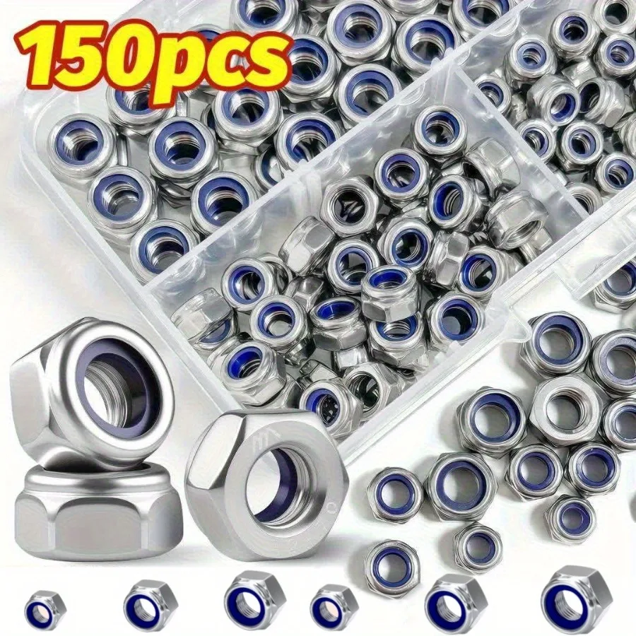 150pcs Nylon Locking Nuts - Anti-Slip, Self-Locking, Hexagonal Cap, Full Thread, Right Thread, M3/M4/M5/M6