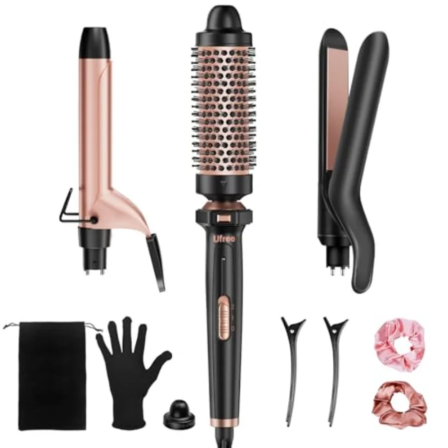 

3 in 1 Curling Iron Set with Thermal Brush Flat Iron Hair Straightener Dual Voltage Curling Wand Instant Heat Up Includes Prote