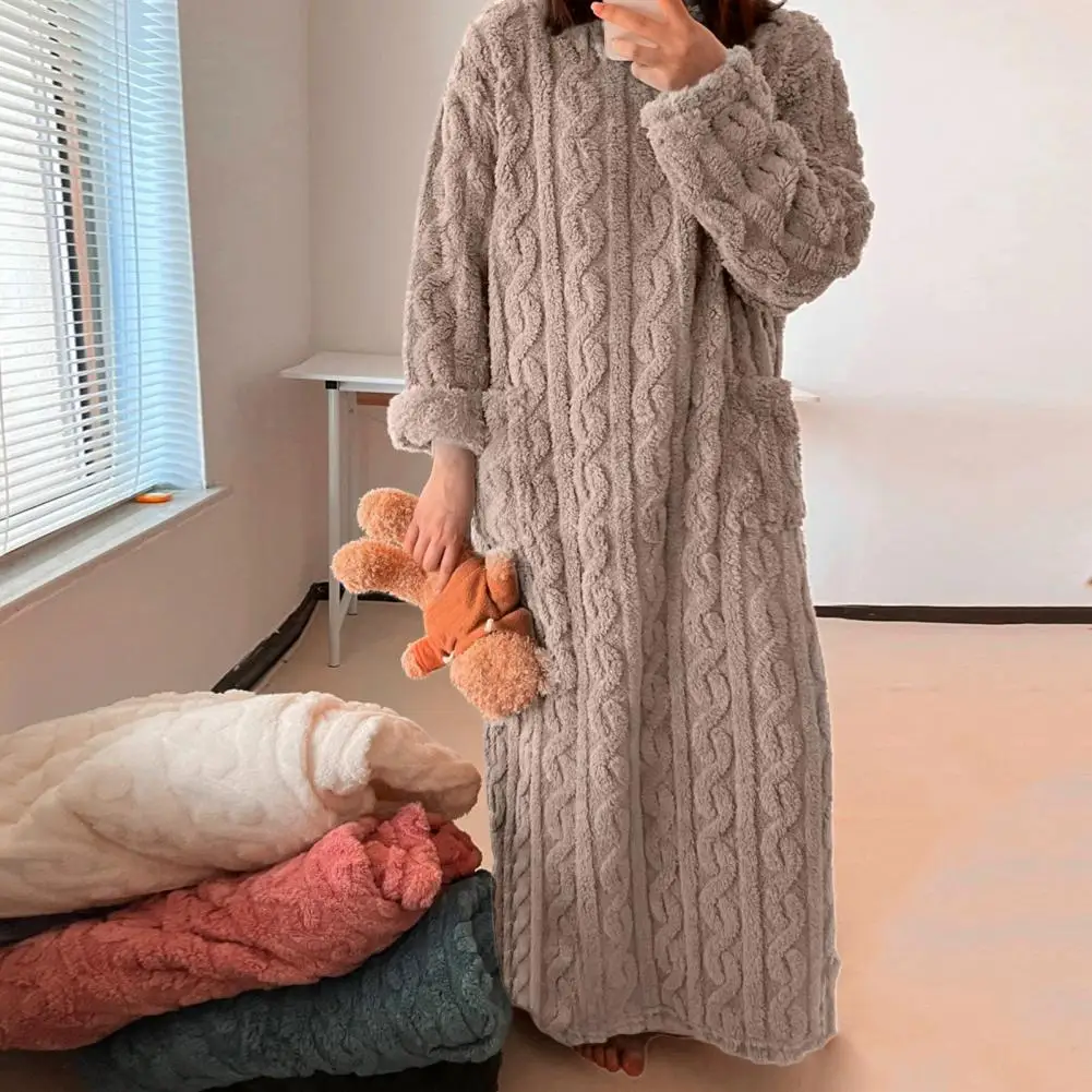 

Over Knee Nightdress Fleece Nightgown Cozy Winter Nightgowns for Women Plush Flannel Sleepwear with Pockets Soft Coral for Warm