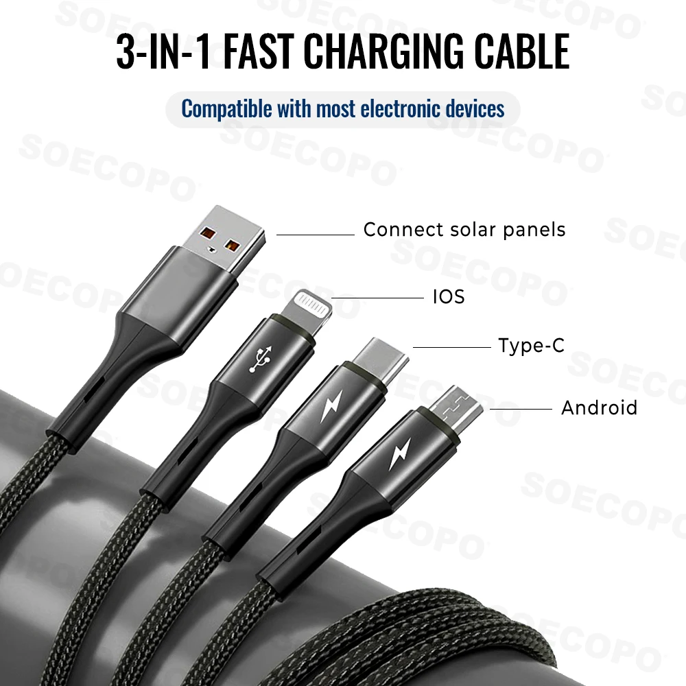 شاحن شمسي صناعي SOECOPO بقدرة 15 وات، طلاء ETFE عالي الكفاءة بنسبة 22.4%، شاحن سريع محمول خارجي مع كابل 3 في 1
