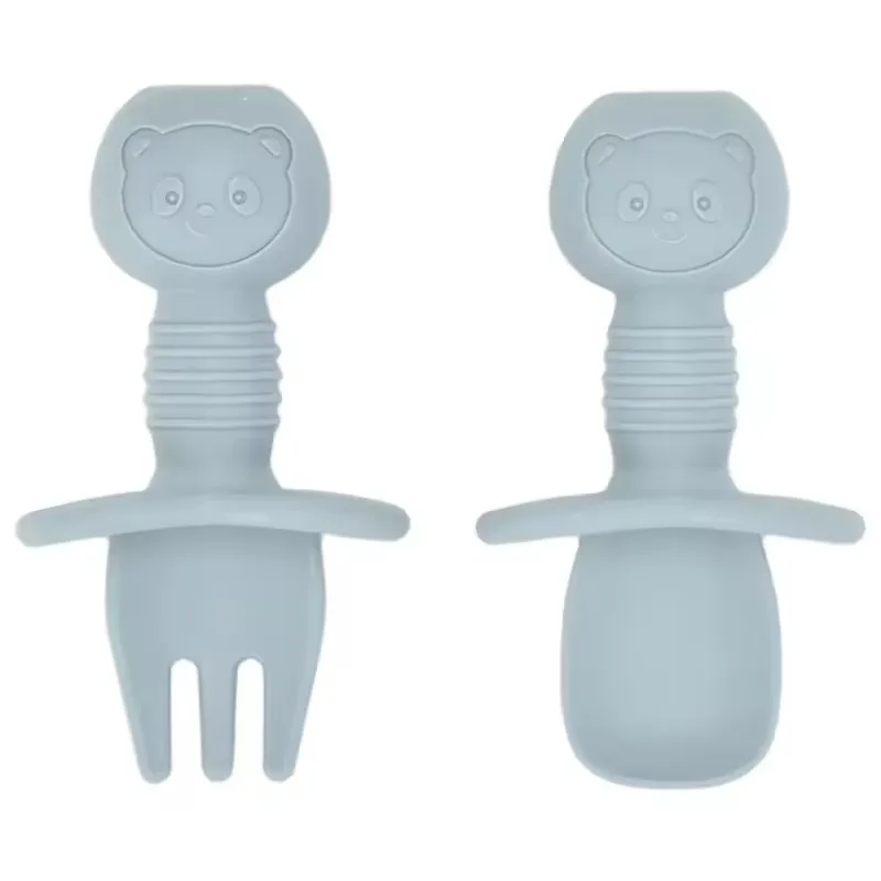 2pcs Food Grade Children Wooden Handle Silicone Spoon Fork Cutlery Baby Training Complementary Food Spoon BabyFeeding Spoon Fork
