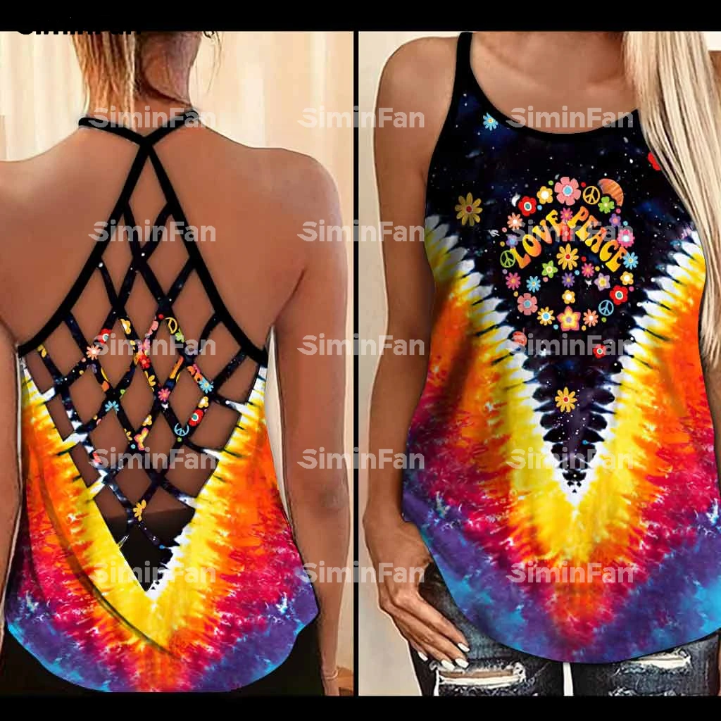 Imagem -03 - Colorido Hippie Girassol Tie-dye 3d Impresso Feminino Oco para Fora Camis Criss Cruz Tanque Superior Aberto para trás Colete Feminino Malha Recorte Camisa