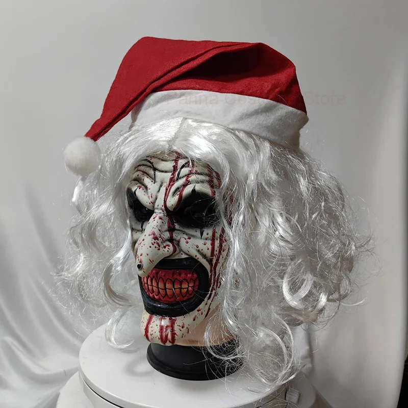 Scary Terrifier 3 Mask Latex with Christmas Hat White Hair Soft Joker Terrifier Cosplay Masks Clown Party Masks Adult One Size
