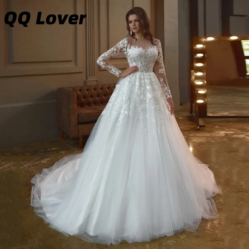 

Customized Sparkling Wedding Dress Sheer Round Neck Long Sleeves Applique Illusion Back Buttons Vestidos De Novia Bridal Gowns