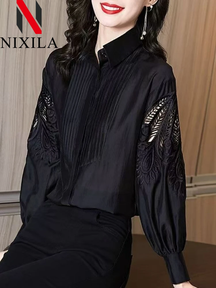 

Spring Autumn Turn-down Collar Women's Shirts & Blouses Flower Hollow Out Pleaded Long Sleeve Top Elegant Office Female Clothing