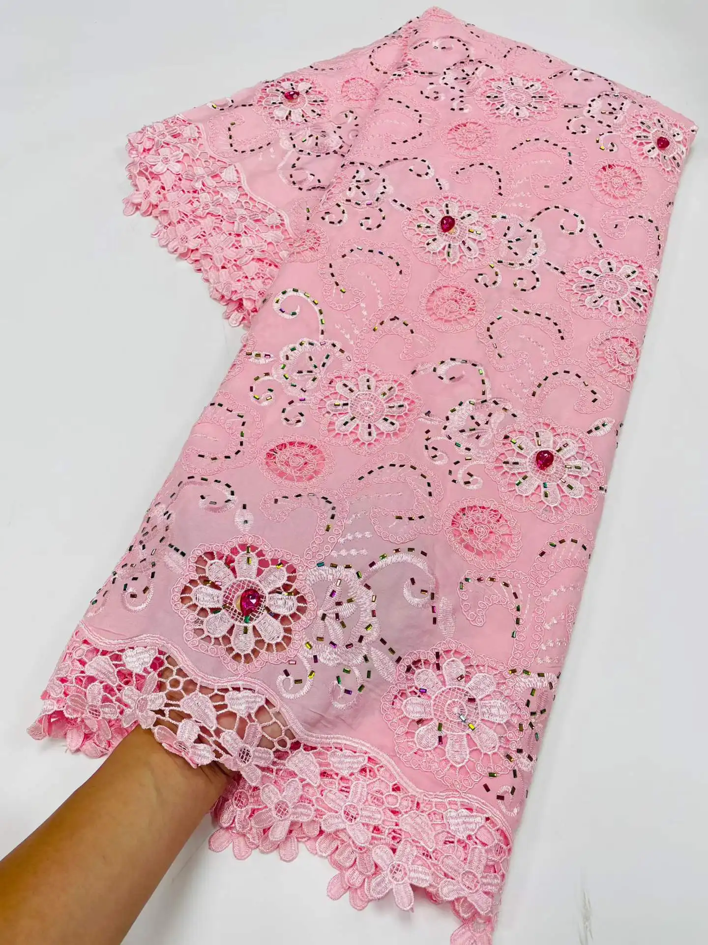 2026 Nigerian High-Quality Embroidery Sequins Tulle Lace Fabric Guipure Beads 5 Yard for Prom Dresses African Cotton