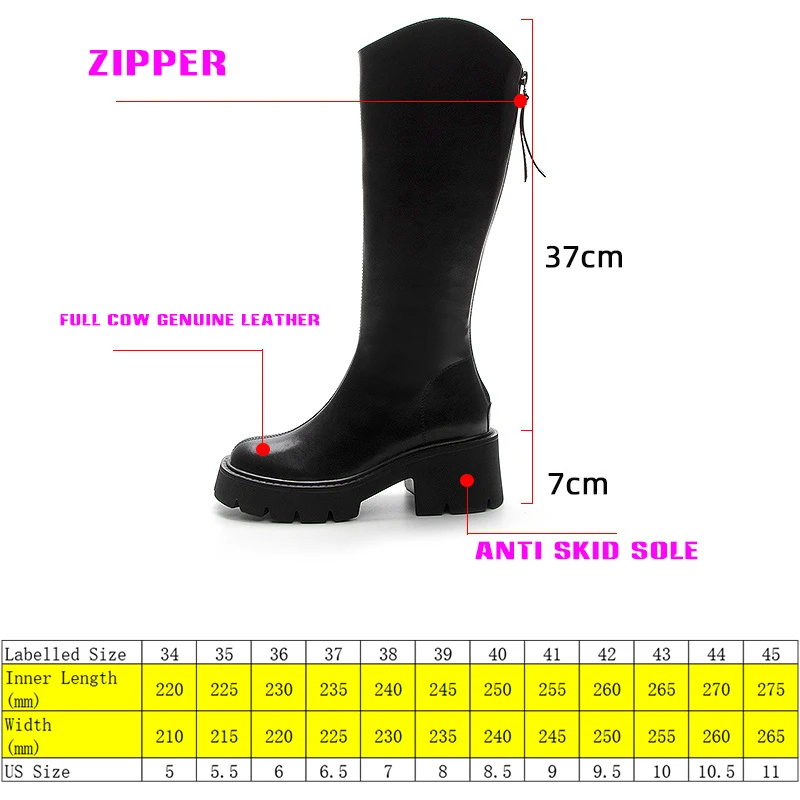 Fujin 7cm Full Cow Genuine Leather Women Boots Platform Wedge Heel Knee High Boots Shoes Zip Punk Motorcycle Boots Autumn Winter