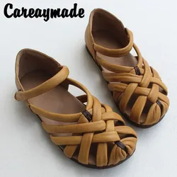 Careaymade-Summer,Genuine Leather retro hand sandals,single toe layer cow leather woven flat soft cowhide sole women's shoes