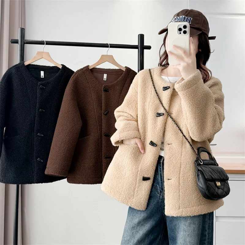 Autumn Winter Faux Lamb Wool Jacket For Women Round Neck Simple Splicing Thick Jackets French Casual Fashion Warm Overcoat