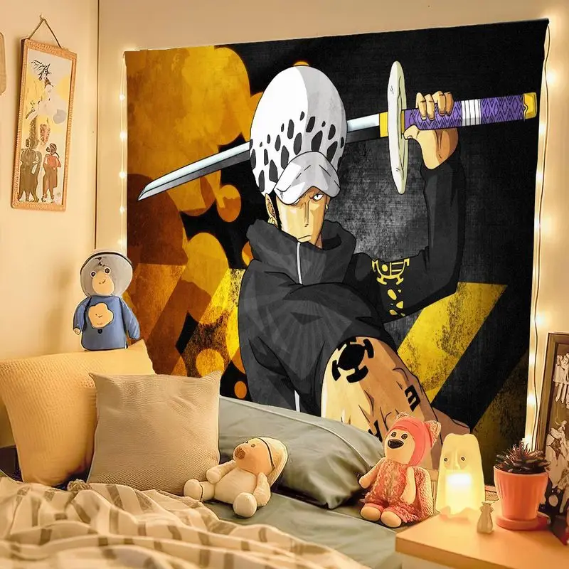 1PC One Piece Rufy Anime Arazzo Wall Art, 2:15 Orologio digitale Stile Scrivania Decorazione della stanza con sfondo geometrico giallo marrone, Un